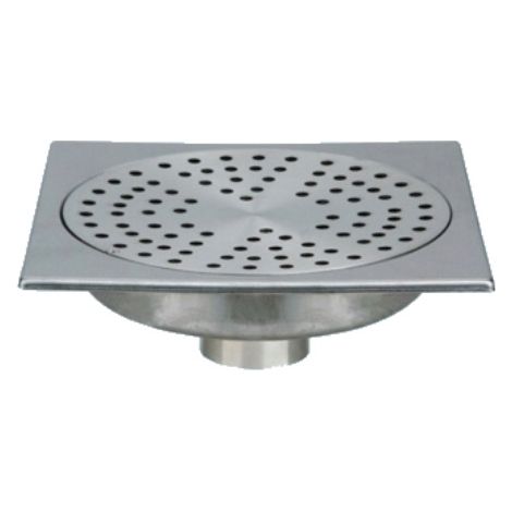Lazer – Siphon de sol inox 200x200 mm – sortie verticale Ø50 – hauteur d’encastrement réduite – nettoyage facile et rapide (1/3)