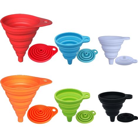 Ensemble de 4 petits et grands entonnoirs d'alimentation pliables en silicone de couleurs assorties (rouge, orange, bleu et vert) pour liquides. (1/5)