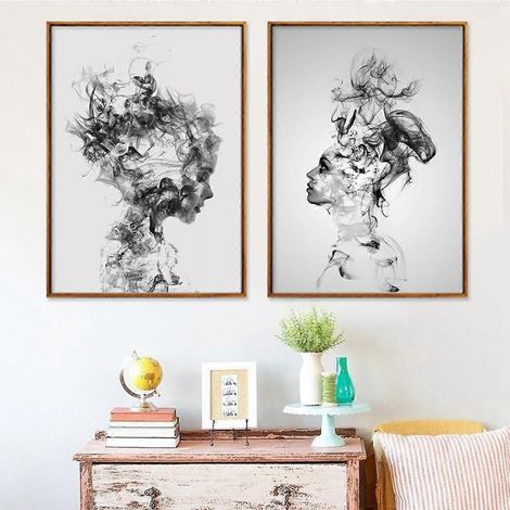 Affiche murale Smoky Girl sur toile, dessin au trait noir et blanc minimaliste et tendance pour la décoration de votre salon, chambre ou bureau (lot de 2). (1/5)