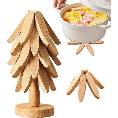 Set hitzebeständiger Holzuntersetzer mit 1 Ständer, hitzebeständiges Holzuntersetzer-Set für Töpfe, Pfannen, Schüsseln, Teller, Teekannen (1/5)