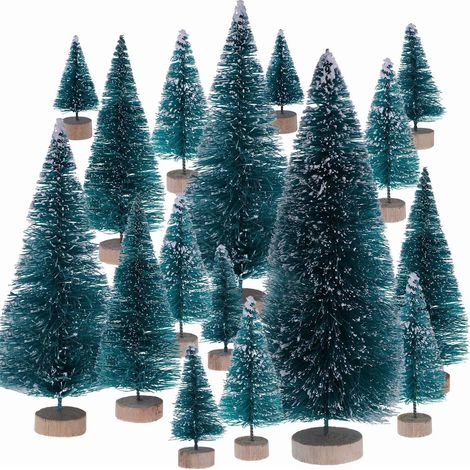 34 Mini alberi di Natale in sisal con neve e brina, alberi di Natale in plastica con spazzole per bottiglie, ornamenti invernali con neve, alberi da tavolo con lettere "Merry Christmas" per feste di N (1/5)