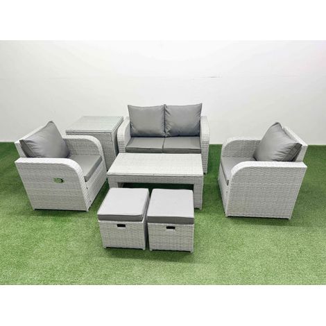 Fimous Light Grey PE Wicker Rattan Garden Furniture Set Sofa Set Reclining Adjustable Chair Oblong Coffee Table 6 Seater 2 Small Stools Side Table (1/4)