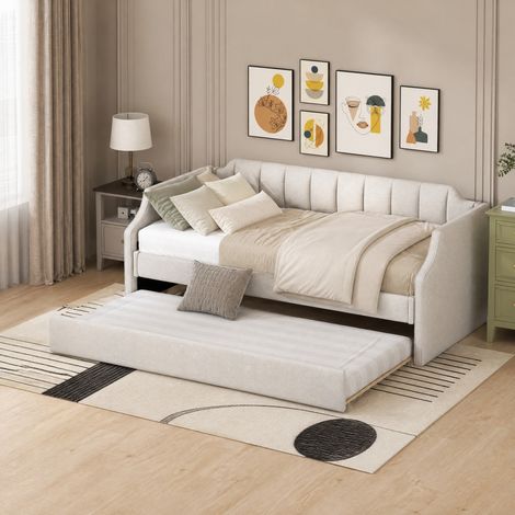 Divano letto 90 x 200 cm con letto estraibile, beige DESVIAE (1/5)