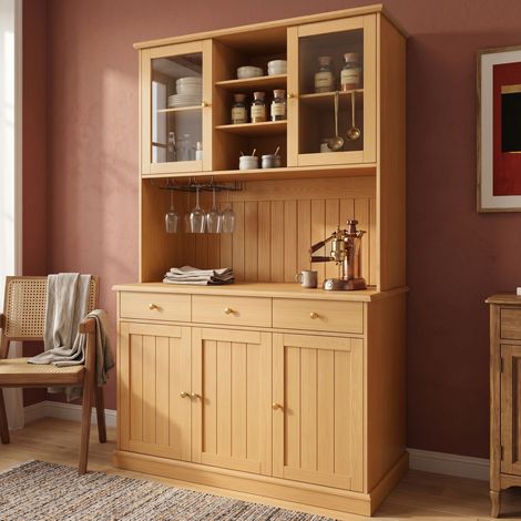 Credenza alta 120x40x191 cm con ante in vetro, presa di corrente integrata, USB-C e USB-A, vano contenitore, legno naturale (1/5)