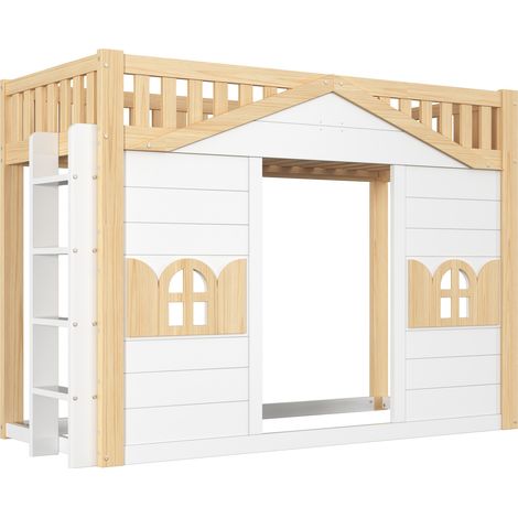 Cama alta infantil estilo casita 90x200 cm blanca y natural con escalera reversible (1/5)