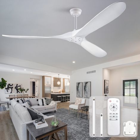 Ventilateur de Plafond 180cm (70'') Blanc Bois Massif, Grand Ventilo sans Lumière avec Télécommande, Moteur DC Silencieux, 6 Vitesses Réversible (1/5)