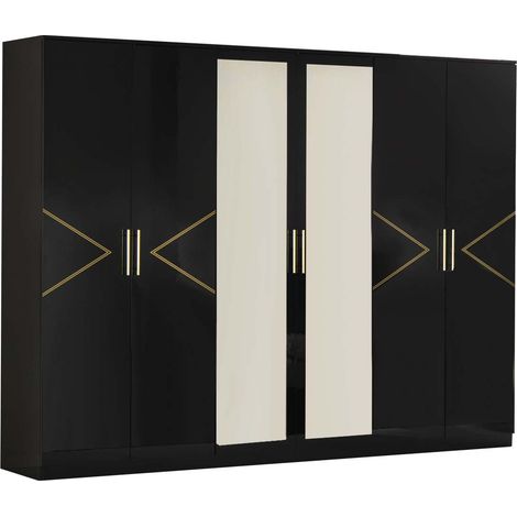 Grande armoire de chambre design 6 portes battantes bois noir laqué et métal doré Diamanto 270cm (1/4)