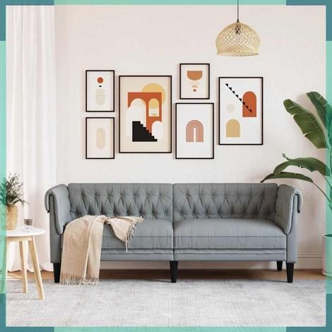 372556 Canapé Chesterfield 3 places gris clair tissu (1/5)