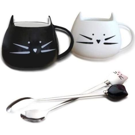Tasse - Céramique - Chat Design - 500 ml - Noir Blanc - Lave-vaisselle - Par 2 (1/4)