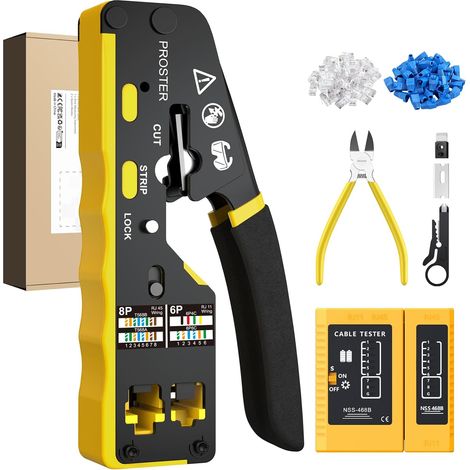 Proster RJ45 RJ11 Through Cat6 Crimping Pliers with Ethernet Cable Tester - Network Clamp Kit, RJ45 Pass Through Crimping Tool for Network and Telephone Installation Network Clamp Kit with 50 CAT6 Co (1/5)