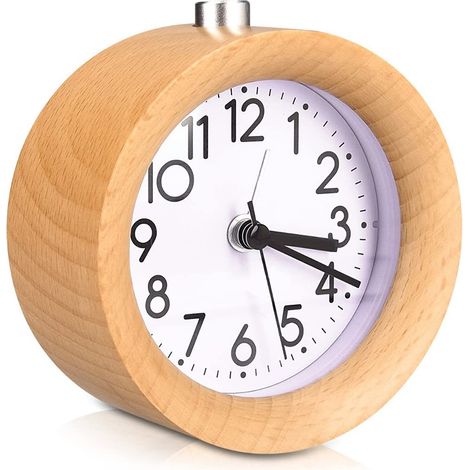 Réveil analogique sans tic-tac, rond, en bois, style rétro (1/5)