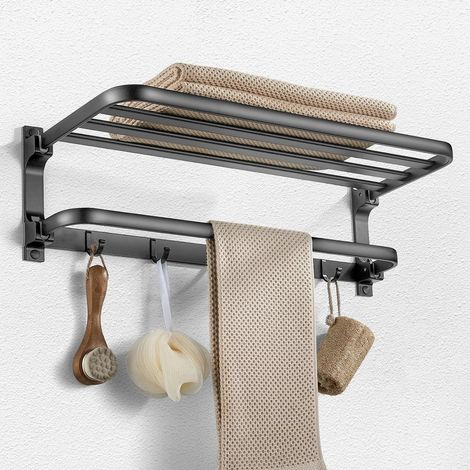 Porte-serviettes mural pliable en aluminium à double niveau avec crochets, noir mat, antirouille, 58 cm (1/5)