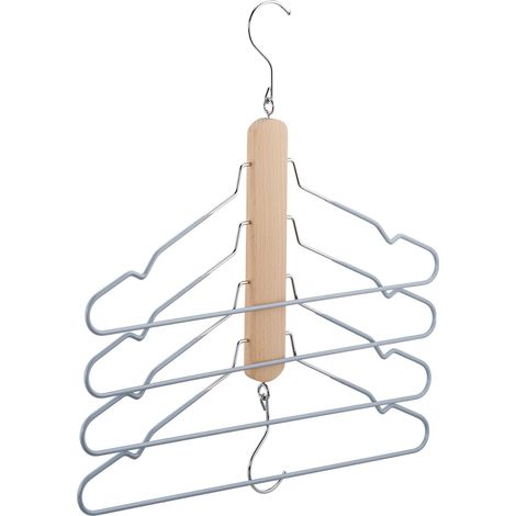 Relaxdays Multiple Hangers, Space-saving, 4 Shirt Hangers with Trouser Bar, Wood & Metal, Non-slip Hanger, Natural/Grey