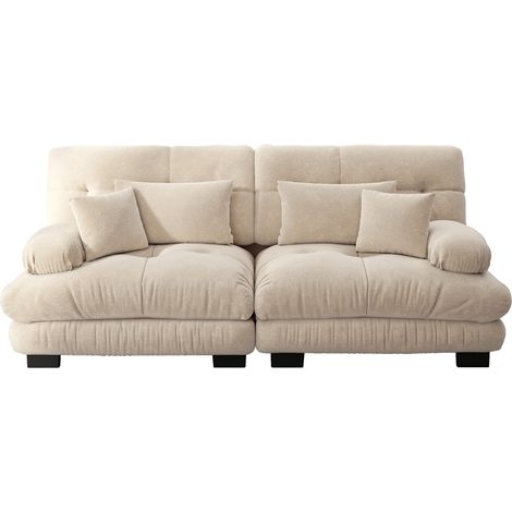 Sofá rinconero modular de chenilla beige claro con 2 cojines lumbares y 2 decorativos (1/5)