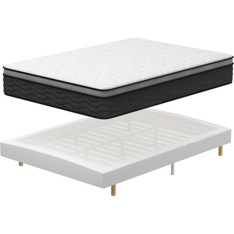 Ensemble Matelas et Sommier 140x190 DEWINNER, Sommier tapissier 140x190 cm et Matelas Ressorts Ensachés 140x190x30 cm, Matela 2 Personnes, 9 Pieds Inclus (Pack Matela+Sommier tapissier)