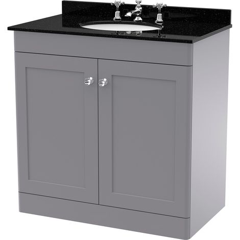 Nuie Classique Satin Grey 800mm 2 Door Vanity Unit with Black Marble Countertop and Round Basin with 3 Tap Holes - CLC226BR3 (1/2)