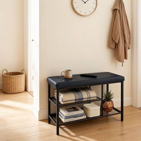 Meuble à chaussures 80x30x50 cm noir avec assise, métal et cuir synthétique MEUBLIV (1/5)