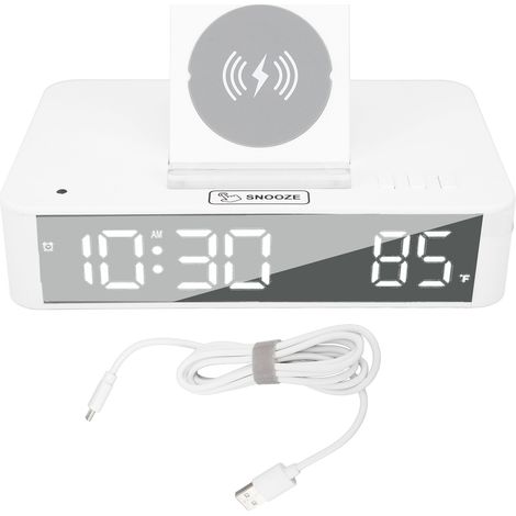 Réveil numérique 10W avec miroir LED et charge sans fil, pour chambre, bureau ou maison, modèle EN001 blanc (1/5)