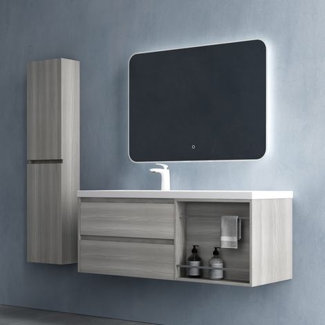 doporro Mobile Bagno sospeso 120x46x49cm, Mobiletto per Bagno con Lavabo Include Specchio LED, Marrone Scuro, Seria Open
