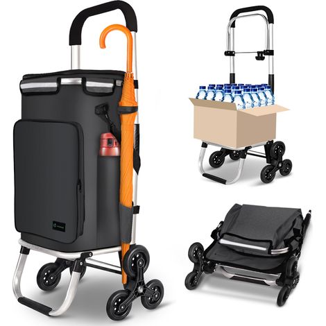 Chariot de Courses 6 Roues en Aluminium avec Compartiment Impermeable Isotherme et Crochets Caddie de Courses Pliable 3 en 1 Sac Grande Capacité Chariot Montant Escalier Noir (1/5)