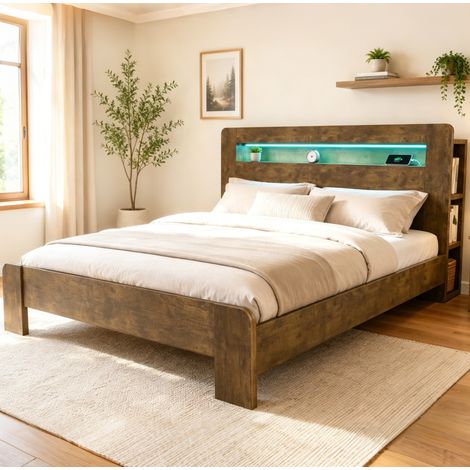 Cama doble 180x200 cm de madera vintage, con almacenaje para dormitorio, sin colchón -FLORAGRACE (1/5)