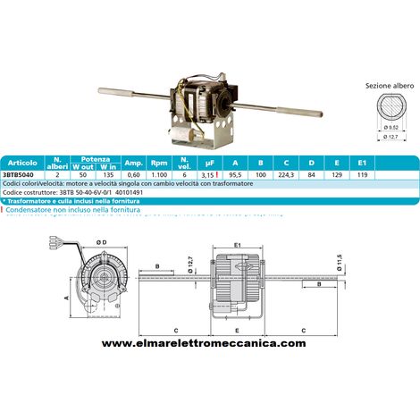 EMI 3BTB 50-40-6v-0/1 Motore 135 W BIALBERO 6 Velocità aspiratore Fan Coil
