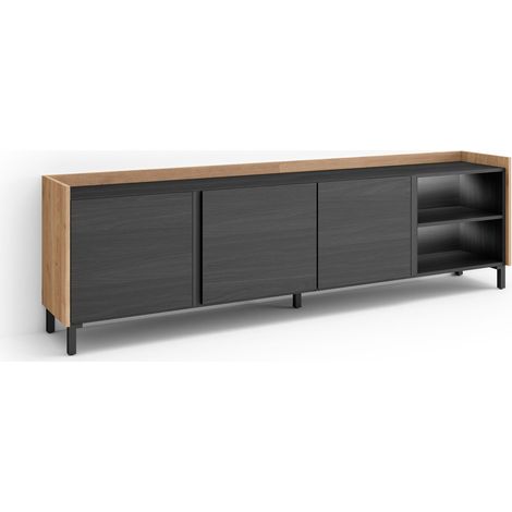 Skraut Home - Mobile TV Soggiorno, Ampio spazio a disposizione, 207x35x61cm, Per TV fino a 80", Design industriale, LED, Stile moderno, Nero e rovere (1/5)