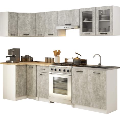 Küchenmöbel-Set OLIWIA 3.0m Modulares Weiß 300 cm 11 Türen 1 Schublade Front Beton B300xH203xT46 cm (1/5)