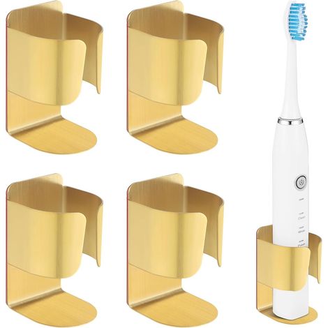 Lot de 4 - Porte-brosse à dents - Support mural - Acier inoxydable 304 auto-adhésif pour salle de bain - Doré - 4,2x4,2x7 cm