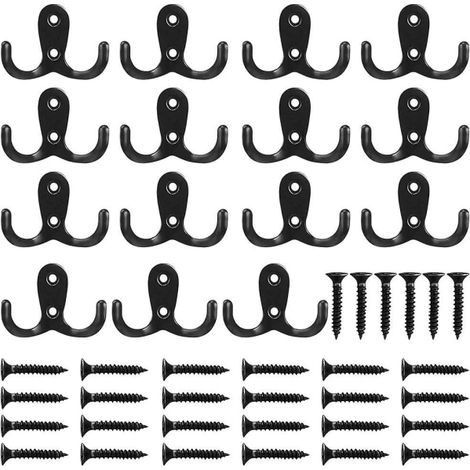 Crochets muraux doubles, lot de 15 patères murales style vintage noir pour placard et rangement domestique, avec vis incluses, étagères de fixation. (1/5)