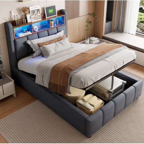 Bettgestell 90x200 cm grau aus Leinenstoff mit LED-Beleuchtung, Stauraum und USB-/USB-C-Anschlüssen (1/5)
