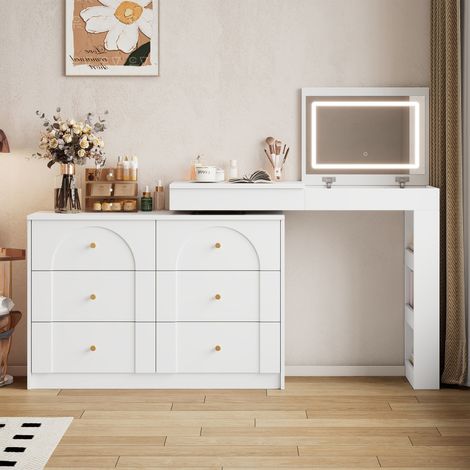 Coiffeuse fonctionnelle rotative 7 tiroirs + miroir LED blanc et doré (1/5)