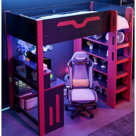 Lit mezzanine moderne en MDF et contreplaqué noir/rouge 90x200 cm avec bureau, rangements, escalier et LED (1/5)