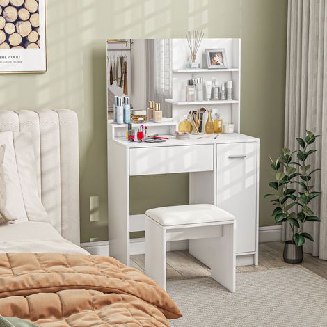 Schminktisch mit Hocker, Spiegel, Schublade, verstellbarem Regal und kippsicheren offenen Regalen, weiß und beige