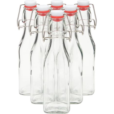 Juego de 6 botellas de vidrio con tapón mecánico, tapa hermética y 1 cepillo de limpieza. Botellas de fermentación con tapa abatible para kombucha casera, extracto de vainilla, aceite infusionado y vi (1/5)
