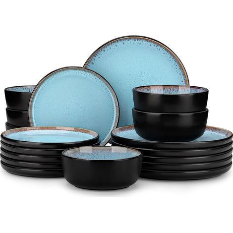 Service de Table 6 Personnes, Set Vaisselle 18 Pièces en Grès - Assiettes Plates, Assiettes à Dessert et Bols - Adapté au Micro-Ondes, Glaçure Bleu (1/5)