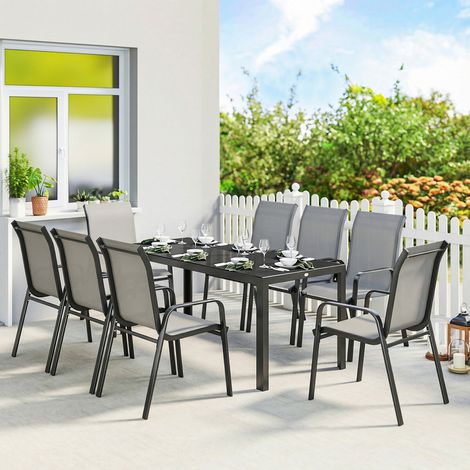 Salon de jardin 8 places,Mobilier de terrasse,Ensemble d'extérieur 9 pièces avec 8 chaises empilables en textilène et table basse à plateau en verre, gris clair