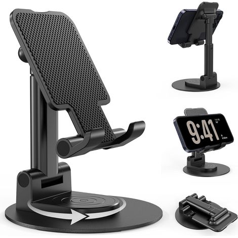 Support Téléphone, Support Telephone Bureau Porte Telephone Pliable, Support iphone avec Rotatif à 360° Compatible iPhone Samsung Huawei iPad Mini Tous Les Smartphones   Noir (1/5)