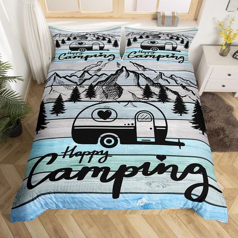 Parure de lit 135 x 200 cm Pour camping, camping-car, voiture, camping Housse de couette en bois Bleu Décor pour filles garçons enfants Style ferme (1/5)