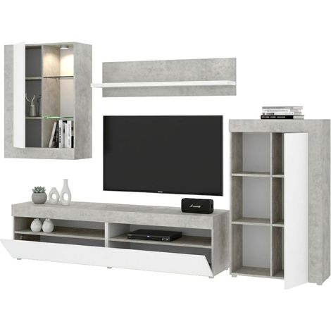 Dmora - Mueble alto Dament, Conjunto de salón Modular, Mueble salón multiposición, 265x42h180 cm, Blanco y Cemento