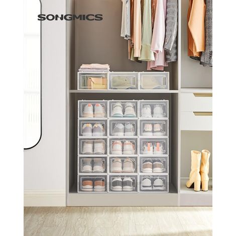 SONGMICS Scatole per Scarpe, Pacco da 18 Contenitori per Scarpe, Organizzatori Porta Scarpe Pieghevoli e Impilabili, Fino a Taglia 44, Trasparente e Bianco (1/5)