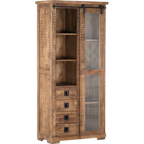 Wohn-/Esszimmer Vitrine in Mangoholz natur massiv KARLSTAD-123, B/H/T ca. 90/190/47 cm (1/5)