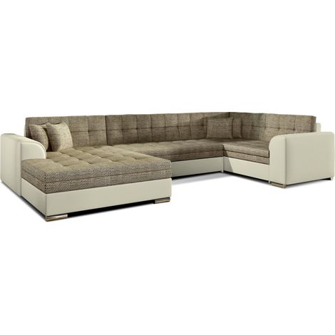 Canapé panoramique convertible CALDERO 5 places beige et crème – angle gauche (1/5)