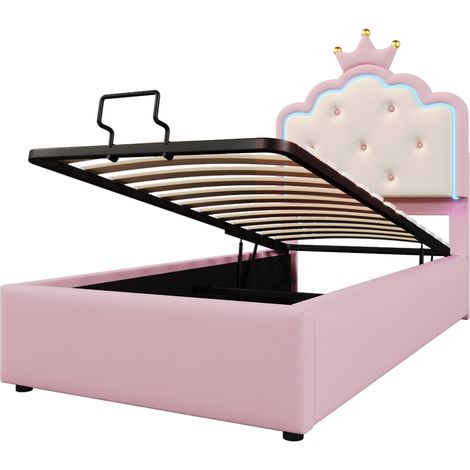 Cama infantil tapizada 90 x 200 cm con somier, almacenamiento hidráulico, rosa (1/5)