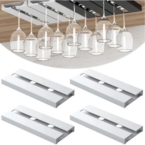 Soportes colgantes para copas de vino，4 soportes autoadhesivos para debajo del armario，soporte para copas de vino negro apto para lavavajillas (1/5)