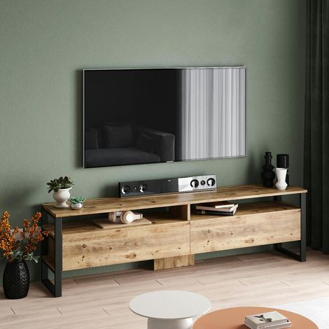 Meuble TV campagne décor bois 4 espaces de rangement JENA