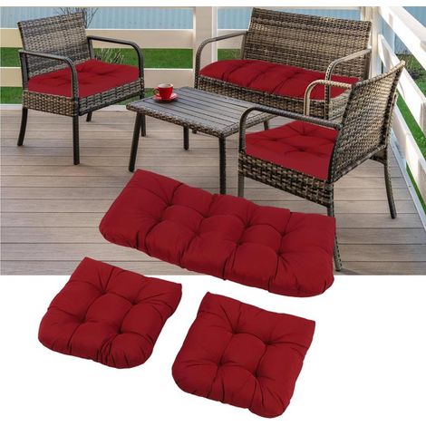 Coussins de chaise en rotin 3 pcs, tissu polyester imperméable et coton PP, design capitonné antidérapant, pour intérieur extérieur, bordeaux (1/4)