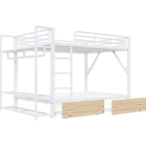 Lit superposé 140 x 200 cm en métal et MDF blanc avec 2 tiroirs et bande LED (1/5)