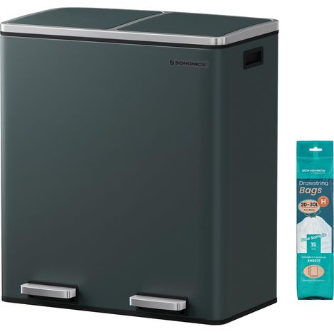 Poubelle à Double Compartiment 2 x 30 L, avec 15 Sacs Poubelles, Pédales en Métal, 2 Seaux Intérieurs en Plastique, Couvercles, Poignées, Fermeture en Douceur, Gris Verdâtre (1/5)