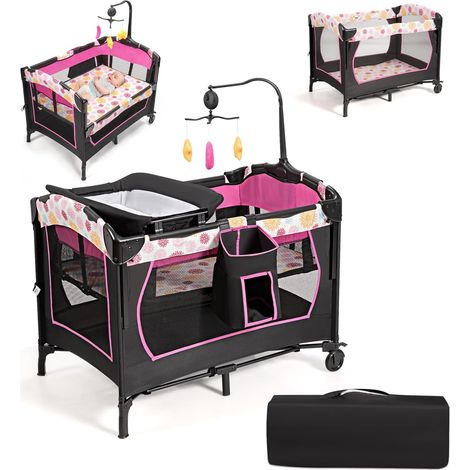 Costway – Lit parapluie bébé 3 en 1 – Table à langer – Berceau pliable avec arceau de jeu – Tissu oxford – Dimensions 103x71x81cm